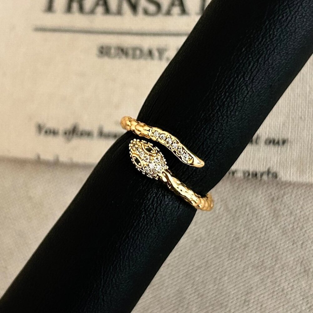 3/$35 Gold Toned Snake Bypass Ring with Sparkly CZ Crystals Copper Adjustable